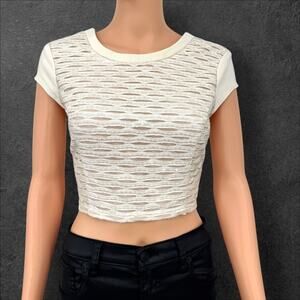 NWT Vintage Y2K Ivory Sparkle Sequin Mesh Crop Top S Zip-Up Back Made in USA